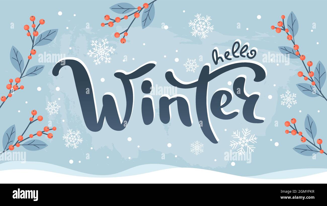 Lettres Hello Winter, jolie illustration vectorielle manuscrite avec flocons de neige et branches en ilex, modèle de conception de carte Illustration de Vecteur