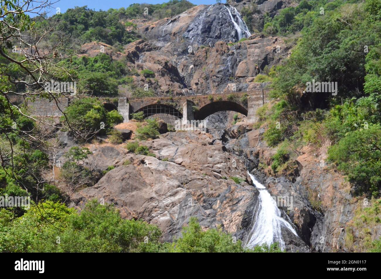 Chutes d'eau de Dudhsagar une cascade à quatre niveaux située sur la rivière Mandovi, Goa, Inde Banque D'Images