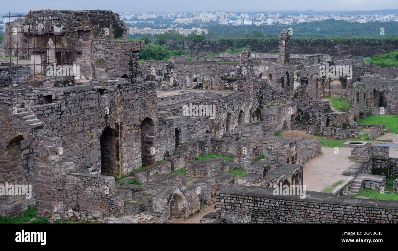 Les ruines de l'arène Rani Mahal, fort de Golkonda, Hyderabad, Telangana, Inde Banque D'Images