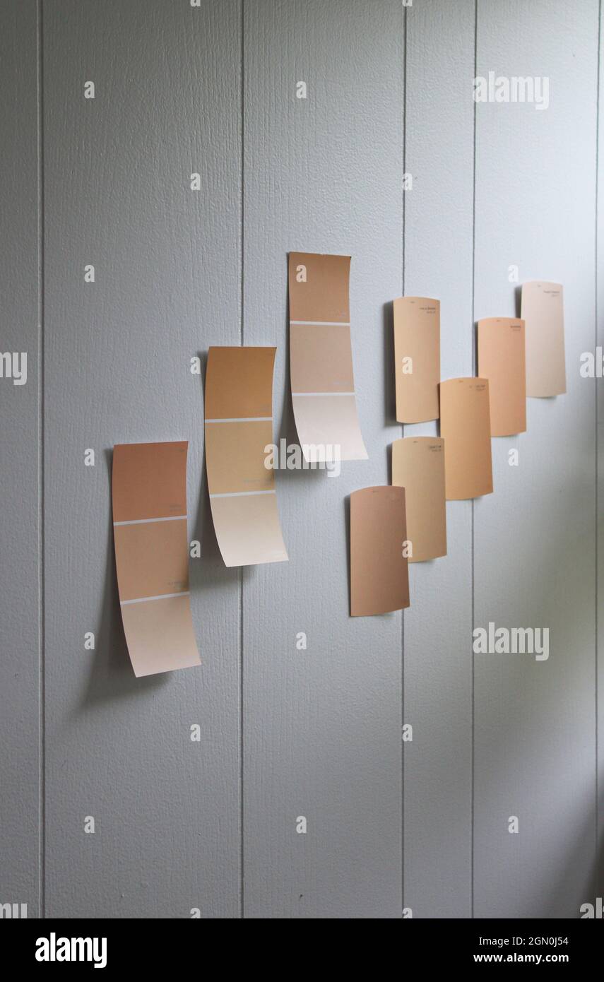 Plusieurs nuances de peinture orange sur un mur intérieur blanc Banque D'Images