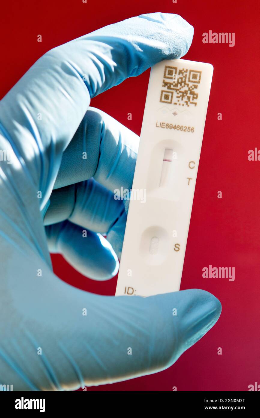 Gants médicaux bleus portant une bandelette de test de débit latéral à résultat négatif Covid 19 Banque D'Images