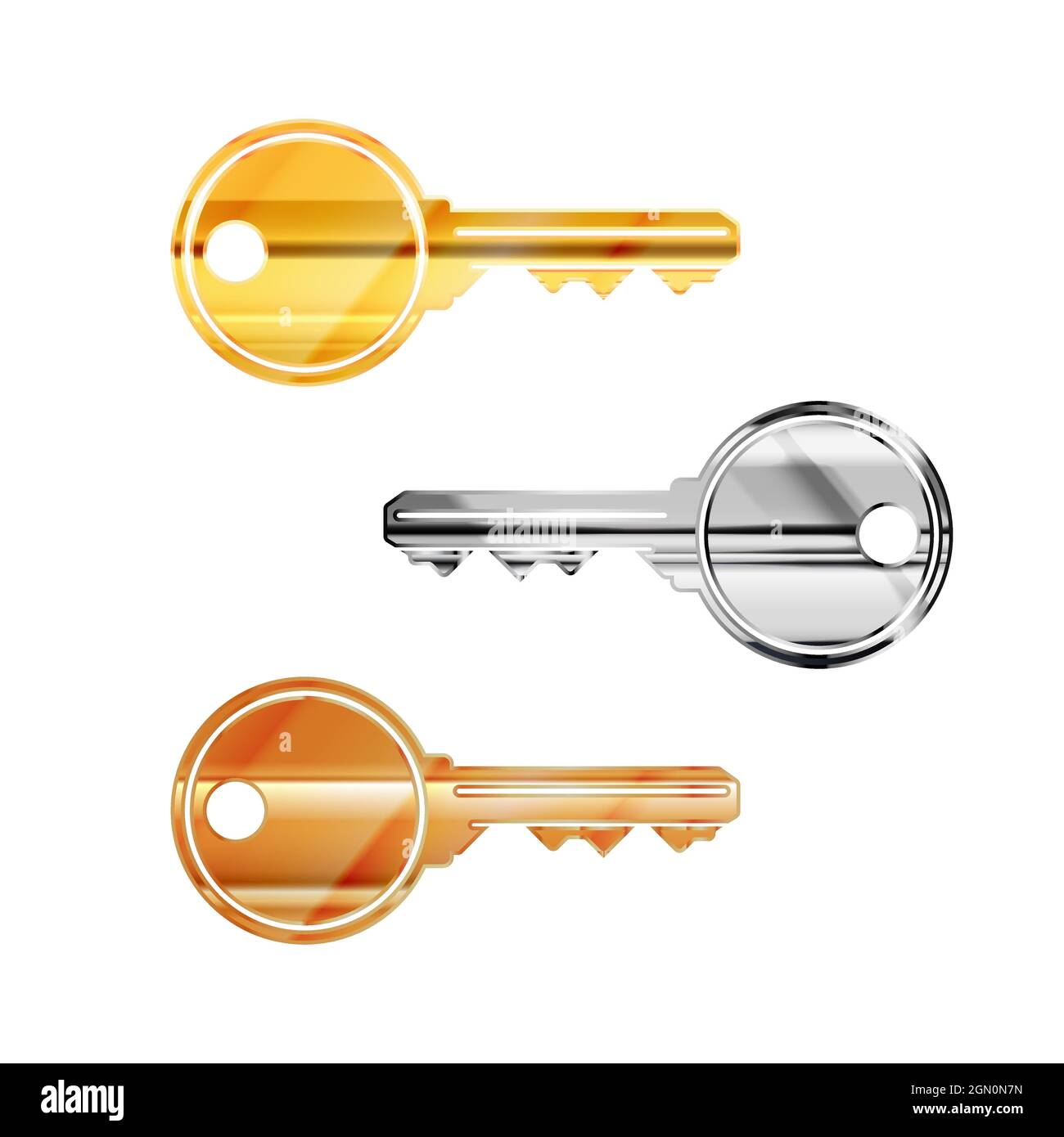 Jeu de clés de porte modernes et détaillées en métal différent comme l'or, l'argent et le cuivre, isolé sur blanc Illustration de Vecteur