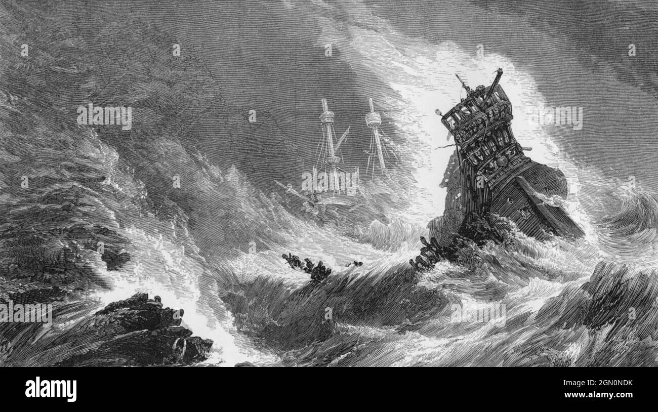 ARMADA ESPAGNOLE A 1588. Une gravure du XIXe siècle montrant des navires espagnols en train d'être épatés de la côte de l'Irlande alors qu'ils tentent de retourner en Espagne Banque D'Images