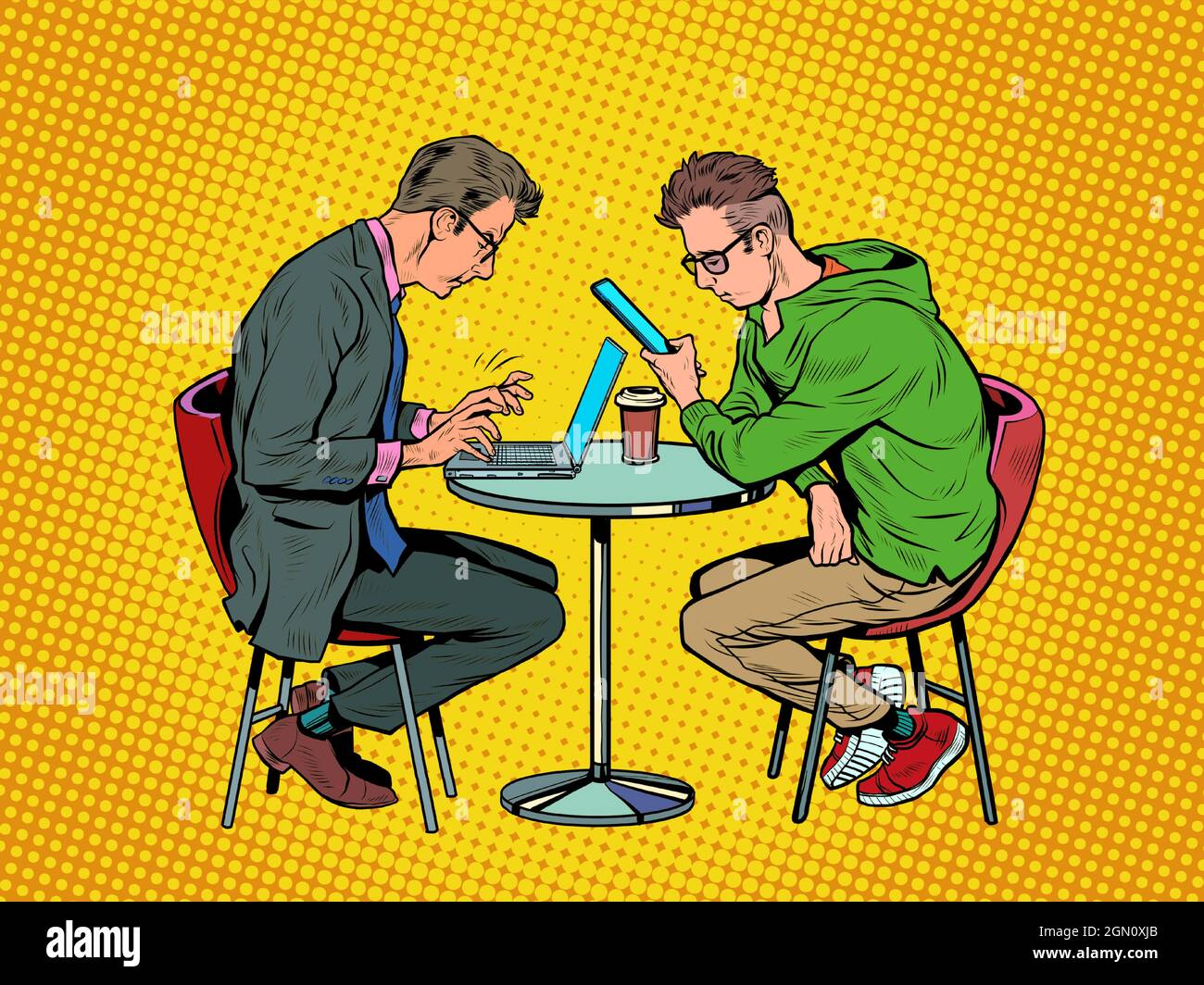 deux hommes dans un café travaillent sur un ordinateur portable et un smartphone. Freelance dans un restaurant Illustration de Vecteur