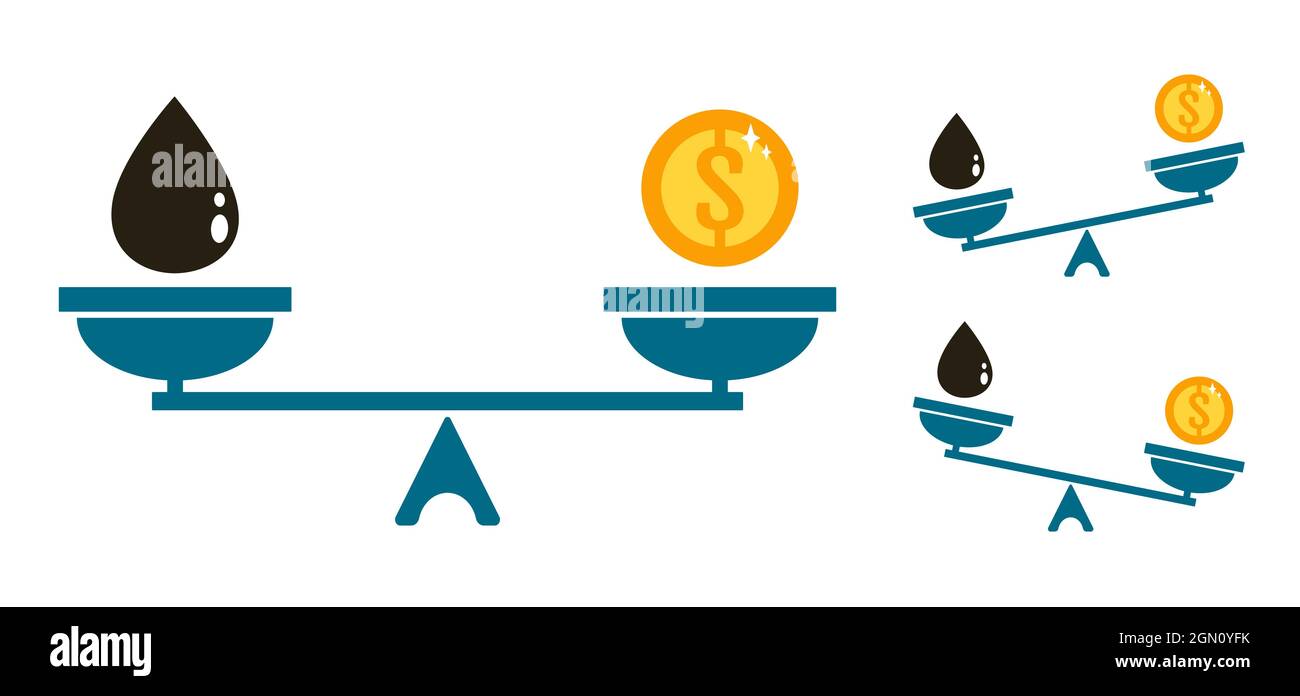 Vecteur ensemble icônes d'une échelle avec le pétrole et l'argent. Illustration vectorielle d'un équilibre entre l'argent et le pétrole. Monnaie, huile et tartre. Illustration de Vecteur