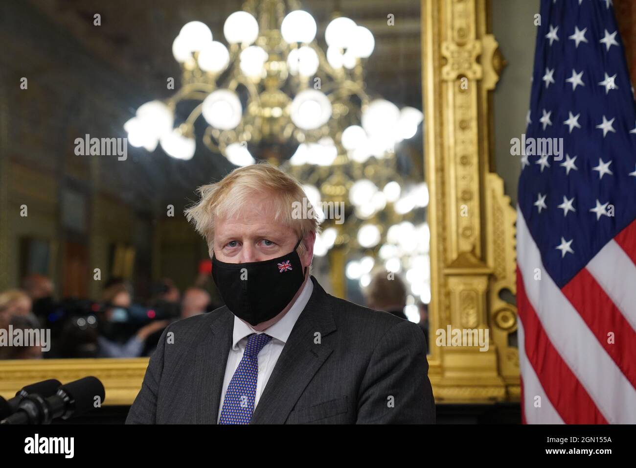 Le Premier ministre Boris Johnson au Bureau de cérémonie des vice-présidents de l'immeuble Eisenhower, à côté de la Maison Blanche, à Washington, DC, lors de sa visite aux États-Unis pour l'Assemblée générale des Nations Unies. Date de la photo: Mardi 21 septembre 2021. Banque D'Images