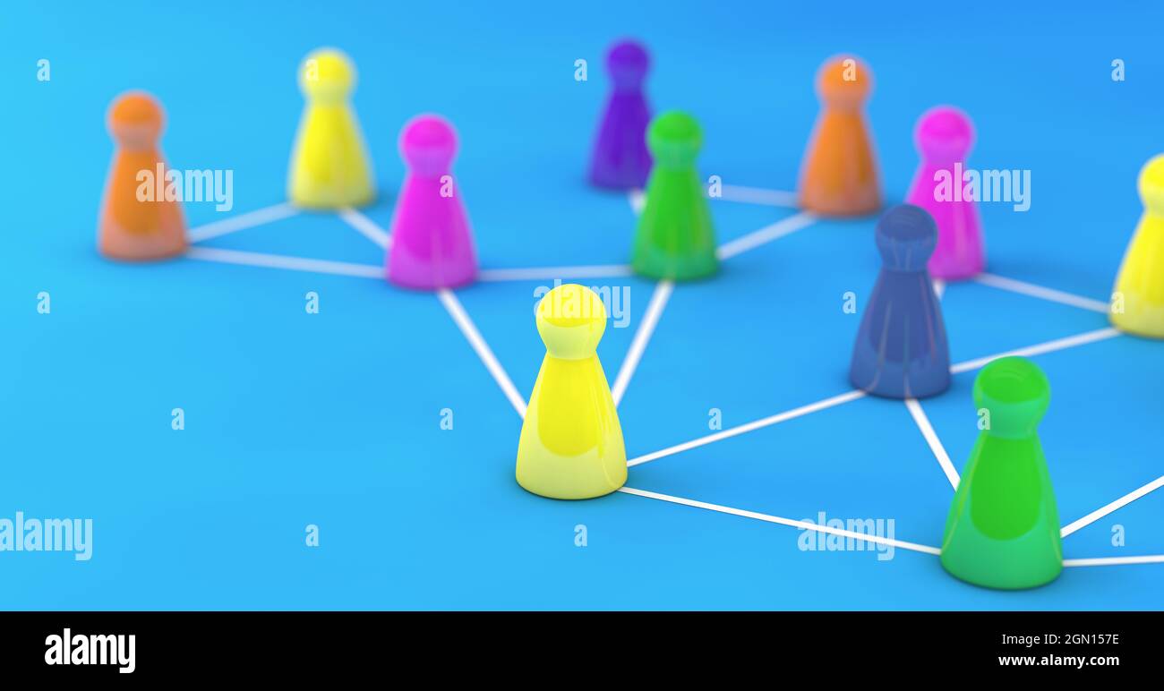 Réseau social, travail d'équipe numérique et concept de communauté Web en ligne avec un groupe de pions colorés connectés par des lignes sur fond bleu 3D i Banque D'Images