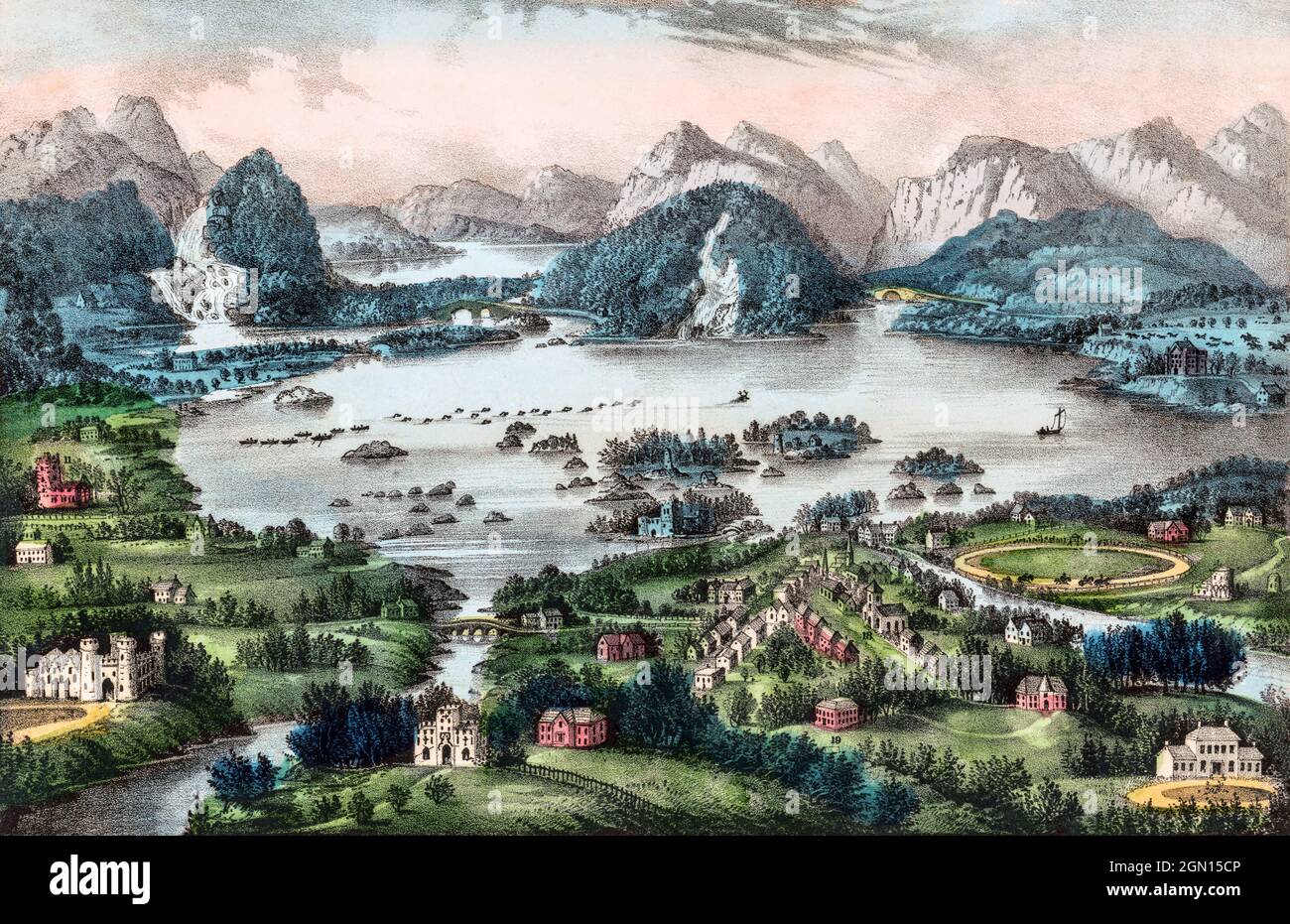 Vue du XIXe siècle sur les principaux sites touristiques du parc national de Killarney, comté de Kerry, Irlande. Créé vers 1880 par un artiste anonyme, il n'est pas à l'échelle. Banque D'Images