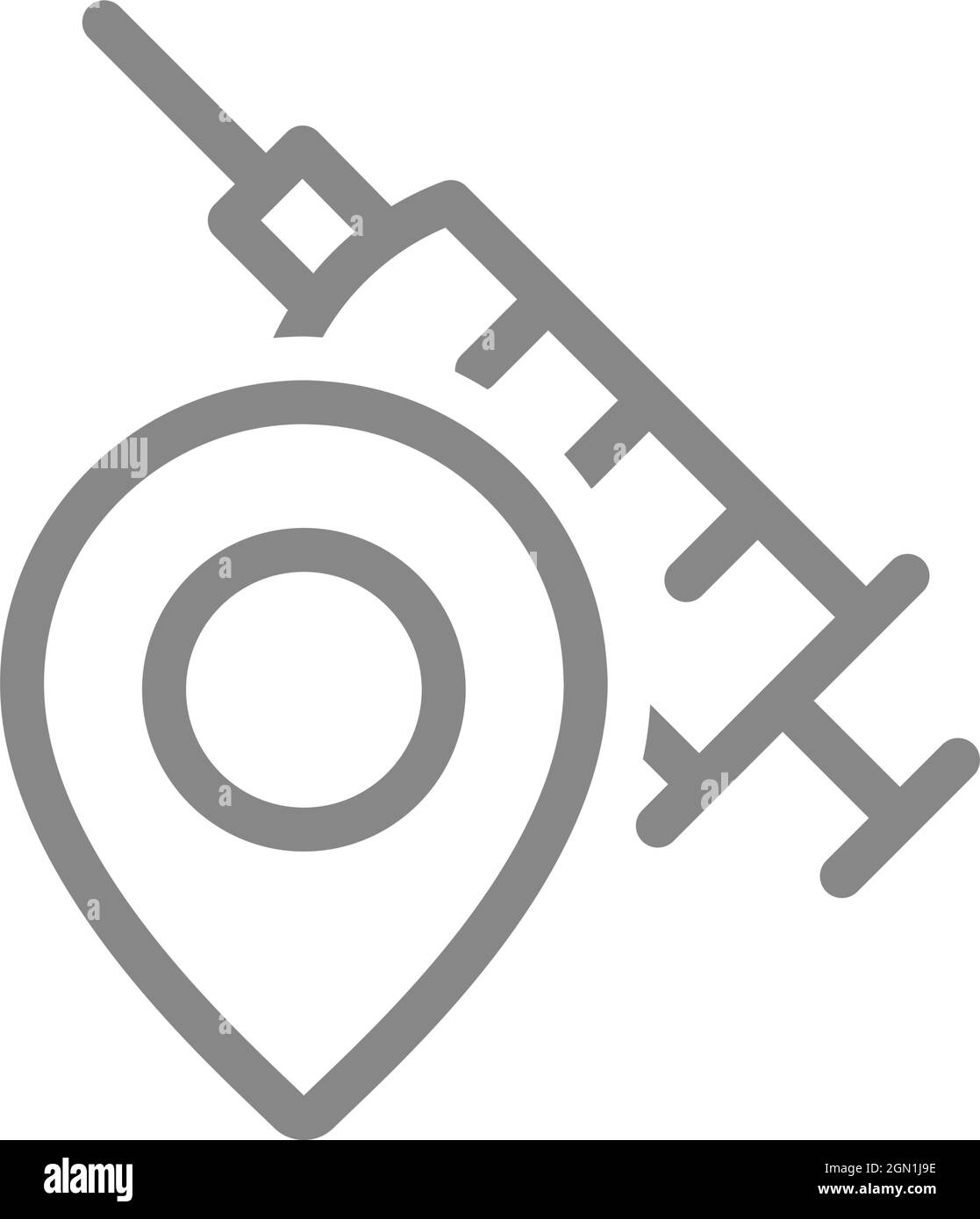 Seringue médicale avec icône de ligne de localisation. Navigation par injection, centre de vaccination de la population, symbole d'immunité mondiale Illustration de Vecteur