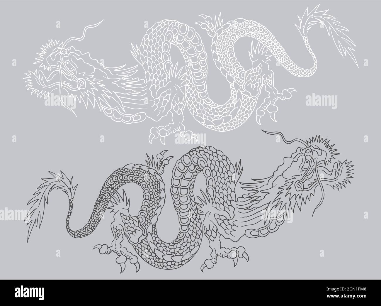 Illustration vectorielle de deux dragons chinois. Dragons asiatiques noirs et blancs. Illustration de Vecteur