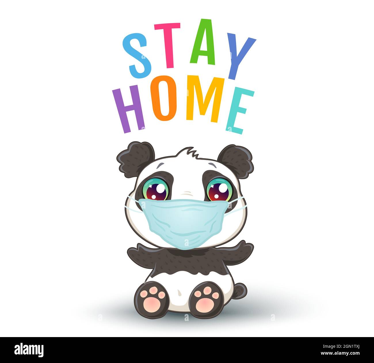 Illustration vectorielle d'un panda mignon avec masque médical dans le style kawaii. Affiche vectorielle de séjour à la maison avec panda mignon. Arrêter le coronavirus. Illustration de Vecteur