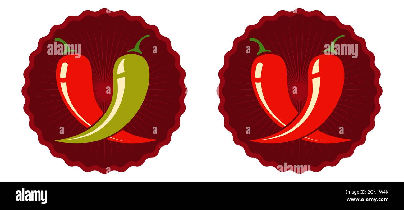 Ensemble vectoriel avec piments rouges et verts. Vector emblèmes jalapeno ou piments. Piment. Illustration de Vecteur