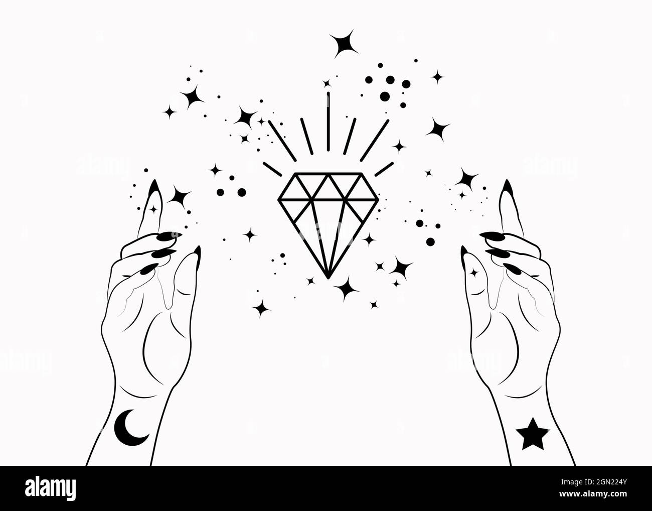 Femme mystique mains alchimie espace ésotérique étoiles magiques, symbole de cristal, géométrie sacrée. Style boho logo en noir contour tattoo icône. Signe spirituel Illustration de Vecteur