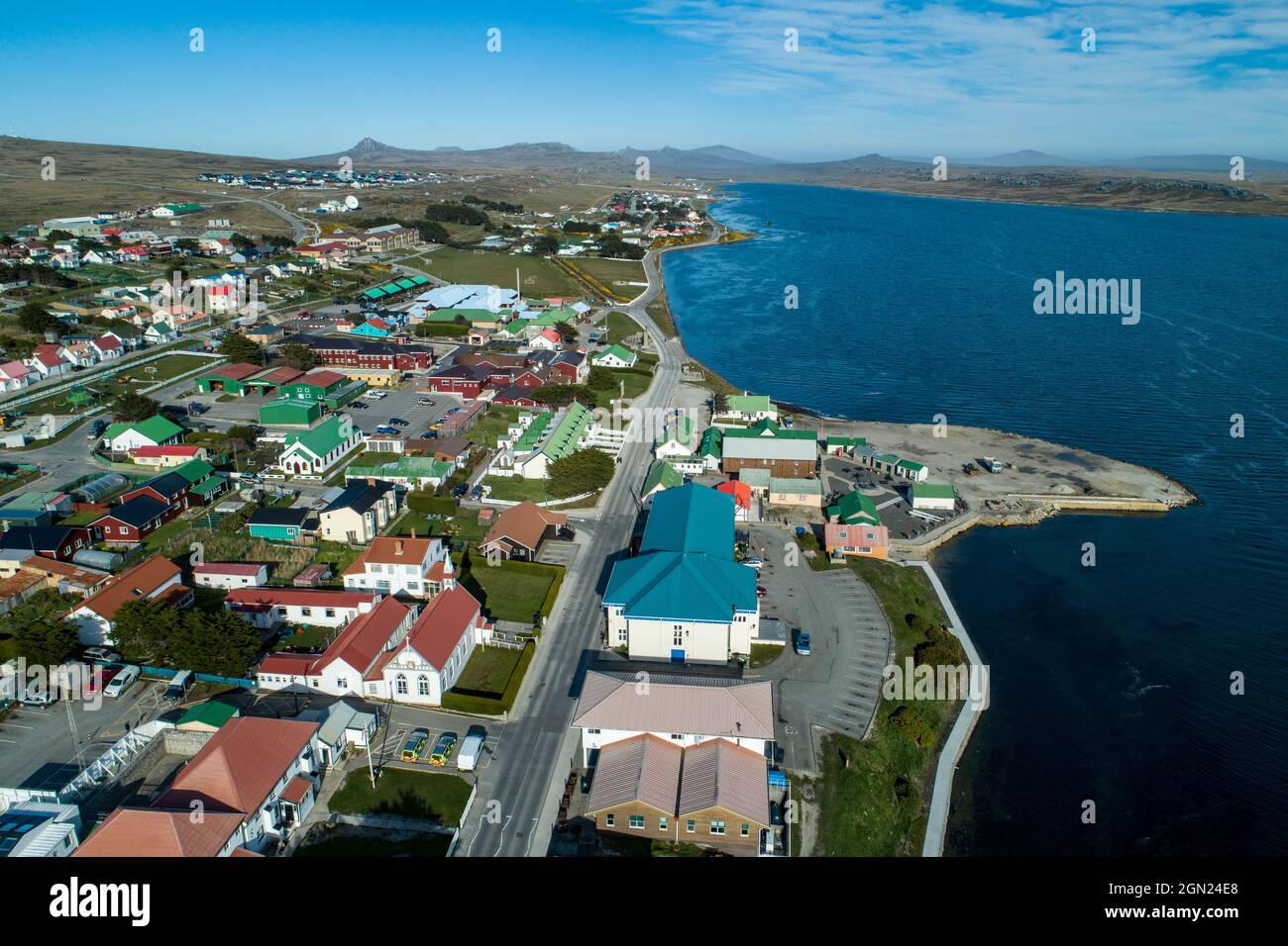 Vue aérienne du centre-ville, Stanley, îles Falkland, territoire britannique d'outre-mer, Amérique du Sud Banque D'Images