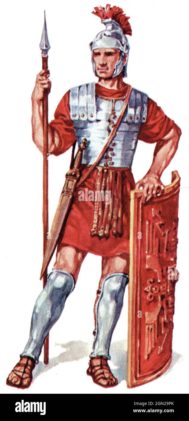 Rome antique, centurion, soldat en armure, casque et bouclier Banque D'Images