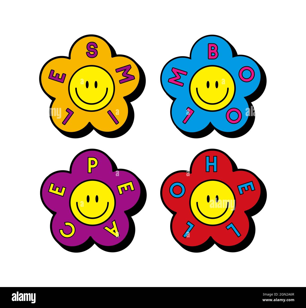 Ensemble d'illustrations d'icônes de fleurs de sourire avec des expressions mignons. Banque D'Images