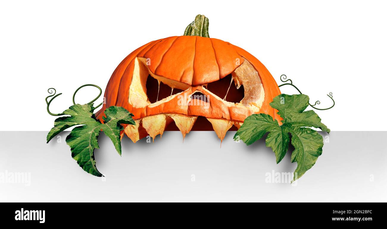 Promotion d'Halloween en tant que citrouille zombie et citrouille en forme de lanterne tenant une affiche vierge comme un symbole effrayant créepy avec un monstre orange annonçant l'automne. Banque D'Images