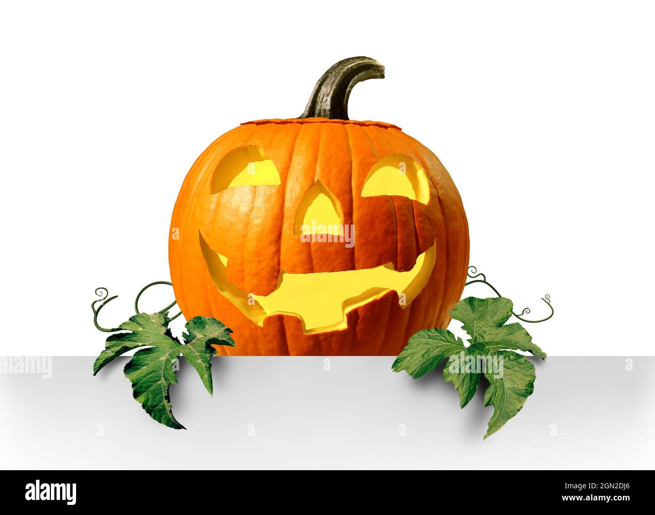 Bonne promotion de citrouille d'Halloween en tant que mignonne citrouille lanterne portant une affiche vierge comme symbole de la saison d'automne pour les événements de trick ou de traite. Banque D'Images