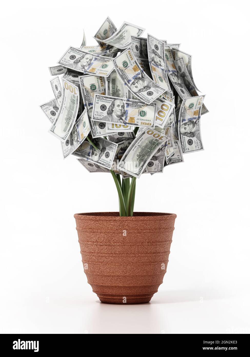 Usine d'argent dans le pot. 100 dollars de factures sur l'usine. Illustration 3D. Banque D'Images
