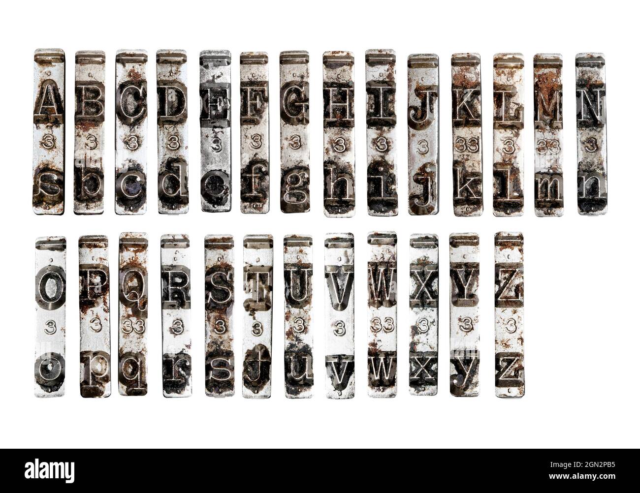 Alphabet avec marteaux rétro de machine à écrire isolés sur blanc Banque D'Images