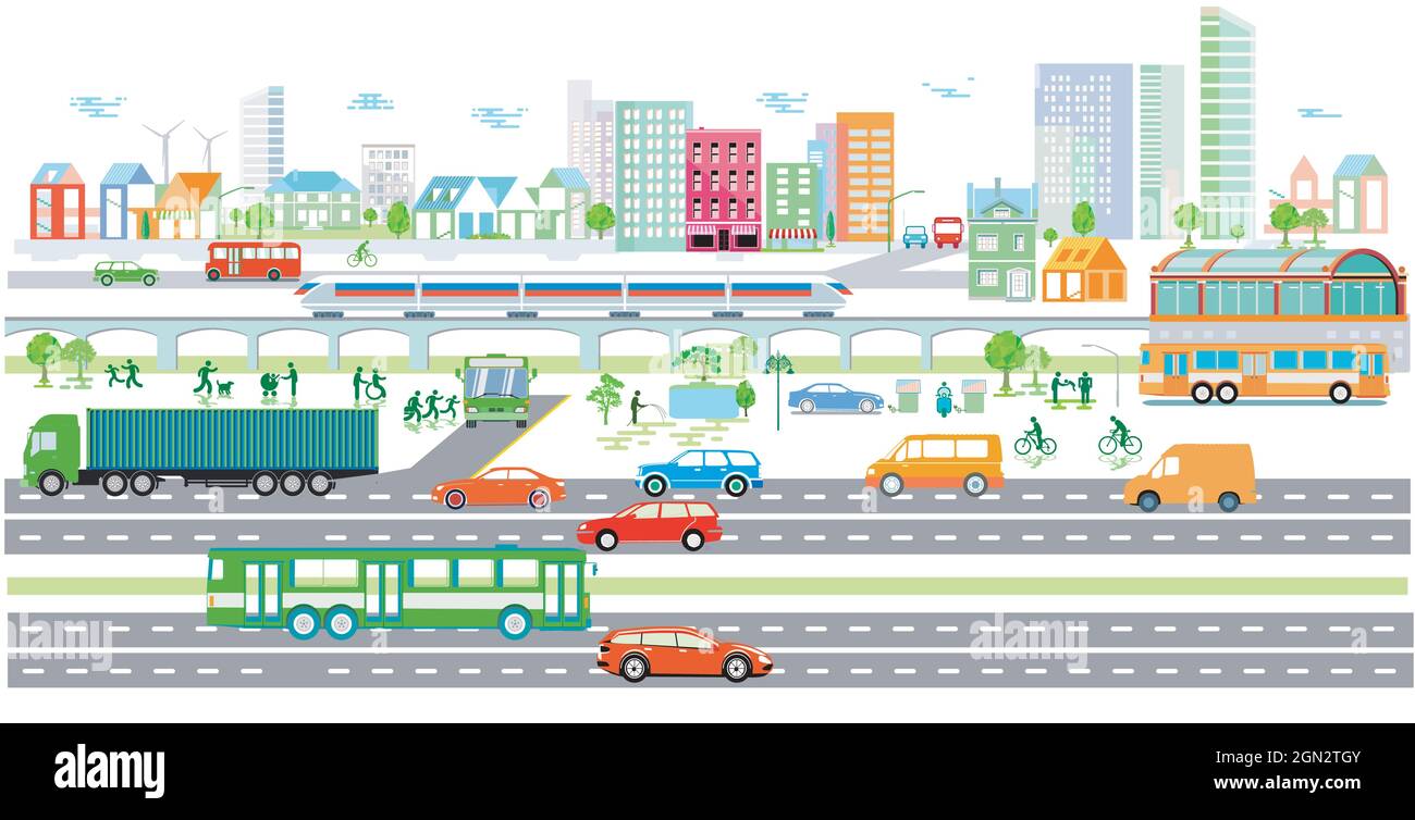 Ville écologique avec véhicules électriques et train de voyageurs, illustration Illustration de Vecteur