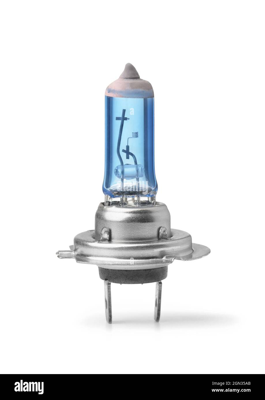 Ampoule halogène bleue H7 de phare de voiture isolée sur blanc Banque D'Images