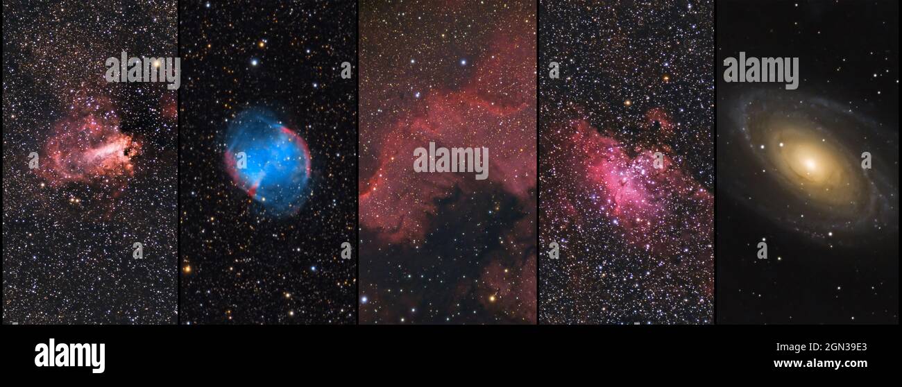 Collage d'astrophotographie. Univers. Photographie en exposition prolongée. Omega Nebula, Dumbbell Nebula, North America Nebula, Eagle Nebula Banque D'Images