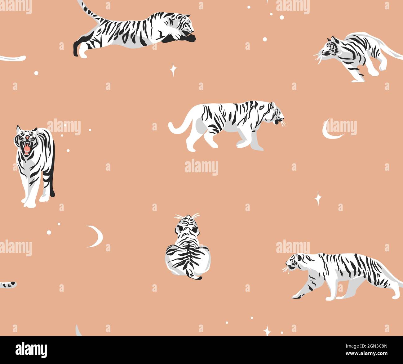 Dessin à la main vecteur résumé stock d'illustrations graphiques modernes, safari bohème imprimé contemporain sans couture avec animaux exotiques tigres sauvages Illustration de Vecteur
