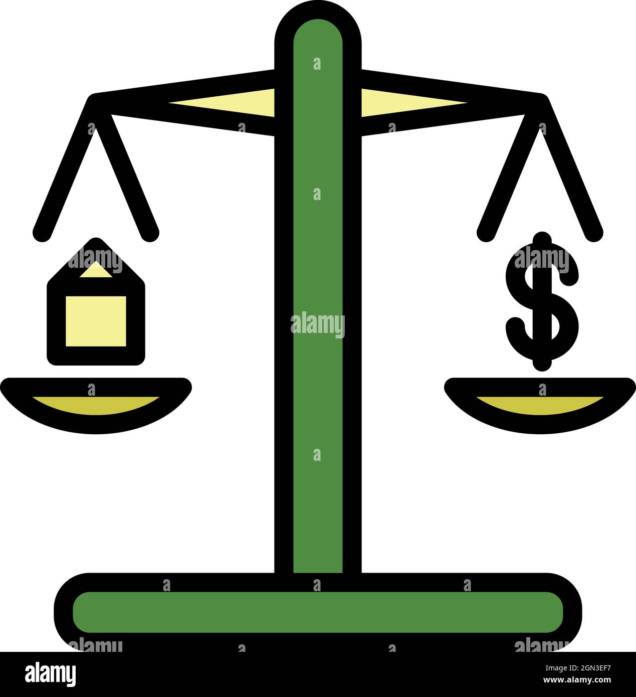 Balance avec icône maison et dollar. Échelles de contour avec home et dollar vecteur icône couleur plate isolée Illustration de Vecteur