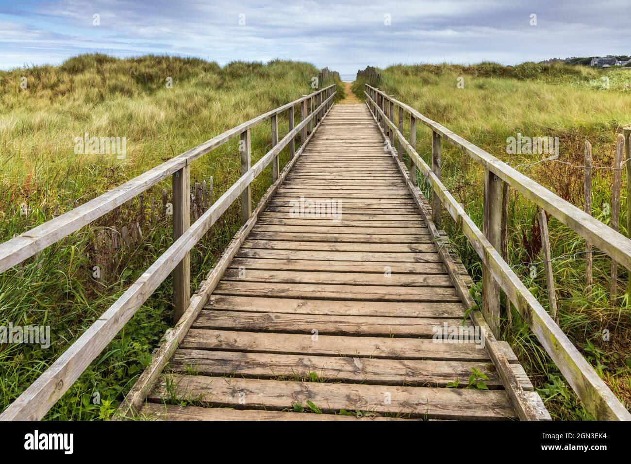 Passerelle vers West Sands Beach.La longue plage de West Sands à St Andrews, Fife, est soutenue par des dunes basses. Banque D'Images