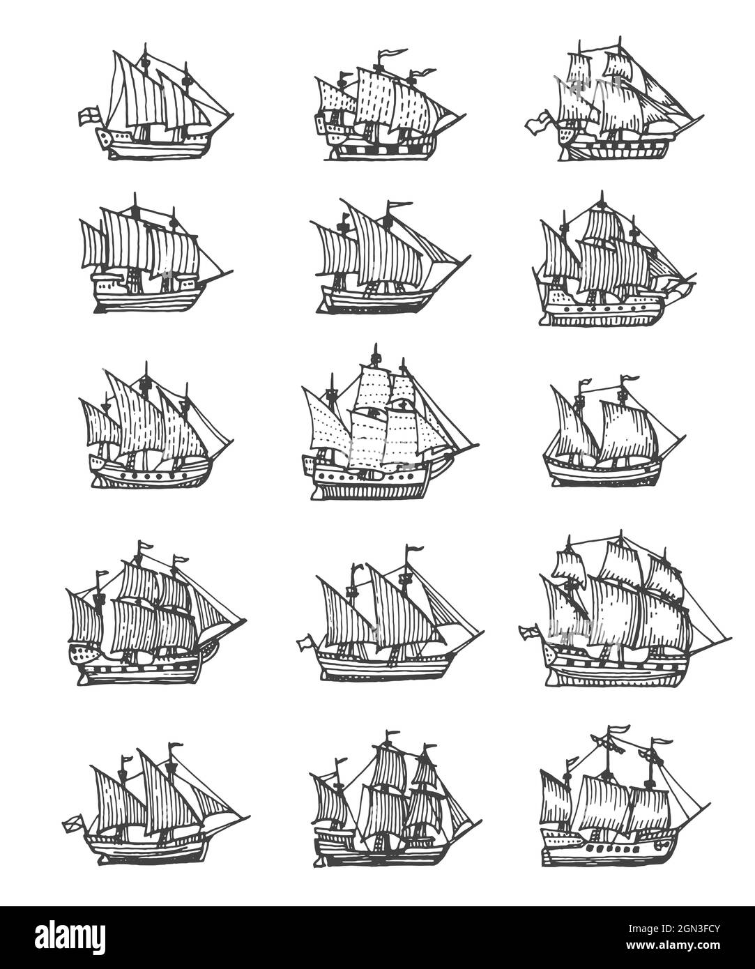 Voilier, voilier et brigantine croquis vintage. Bateau pirate vectoriel, frégate nautique avec drapeaux et pont en bois. Navires de mer vintage, galléons gravés éléments de conception isolés sur fond blanc Illustration de Vecteur