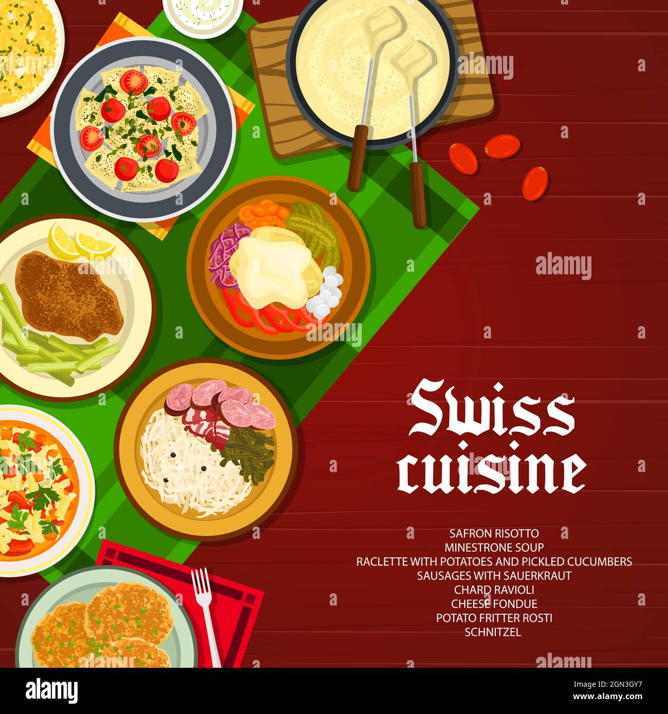 Le menu du restaurant de cuisine suisse est couvert. Fondue au fromage, risotto au schnitzel et au safran, soupe minestrone, raclette aux pommes de terre et concombres marinés, ravioli, rosti de fritter et saucisses vector Illustration de Vecteur