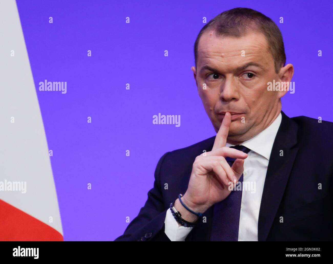 Olivier Dussopt Ministre des comptes publics lors de la présentation du projet de loi de finances PLF 2022 (projet de loi de finances) au Ministère de l'économie et des finances à Bercy, Paris, France, le 22 septembre 2021. Photo de Jean-Bernard Vernier/JBV News/ABACAPRESS.COM Banque D'Images