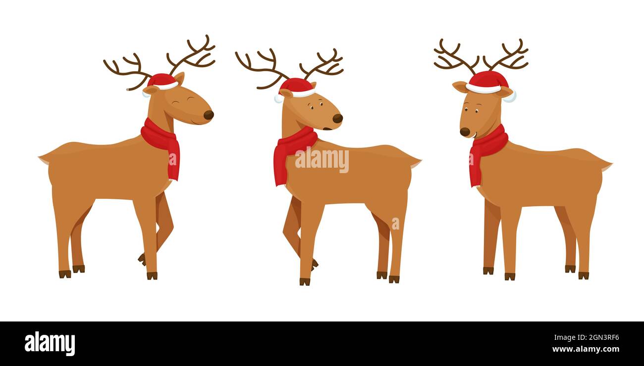 Mettez le cerf de Noël dans un joli chapeau et un foulard rouge tricoté en style dessin animé isolé sur fond blanc. Collection de personnages comiques, décoration du nouvel an, salutation de vacances. Illustration vectorielle Illustration de Vecteur