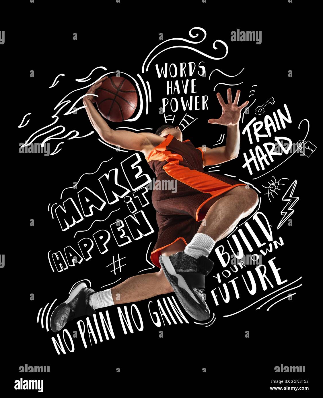 Jeune sportif, joueur de basket-ball masculin en mouvement et en action  avec ballon isolé sur fond noir avec lettrage blanc, graphiques et dessins  Photo Stock - Alamy