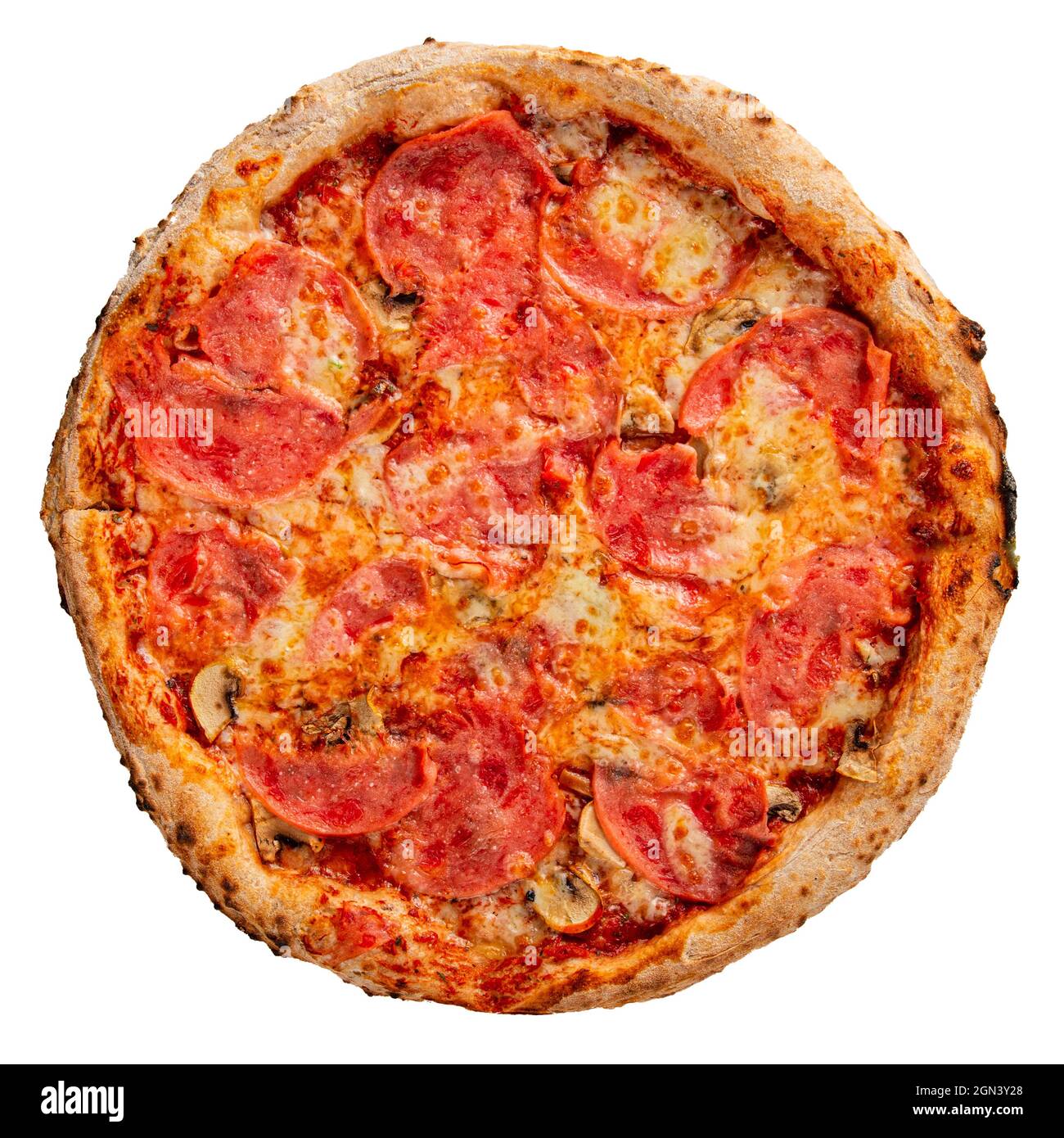 Pizza fraîche isolée avec jambon et champignons Banque D'Images