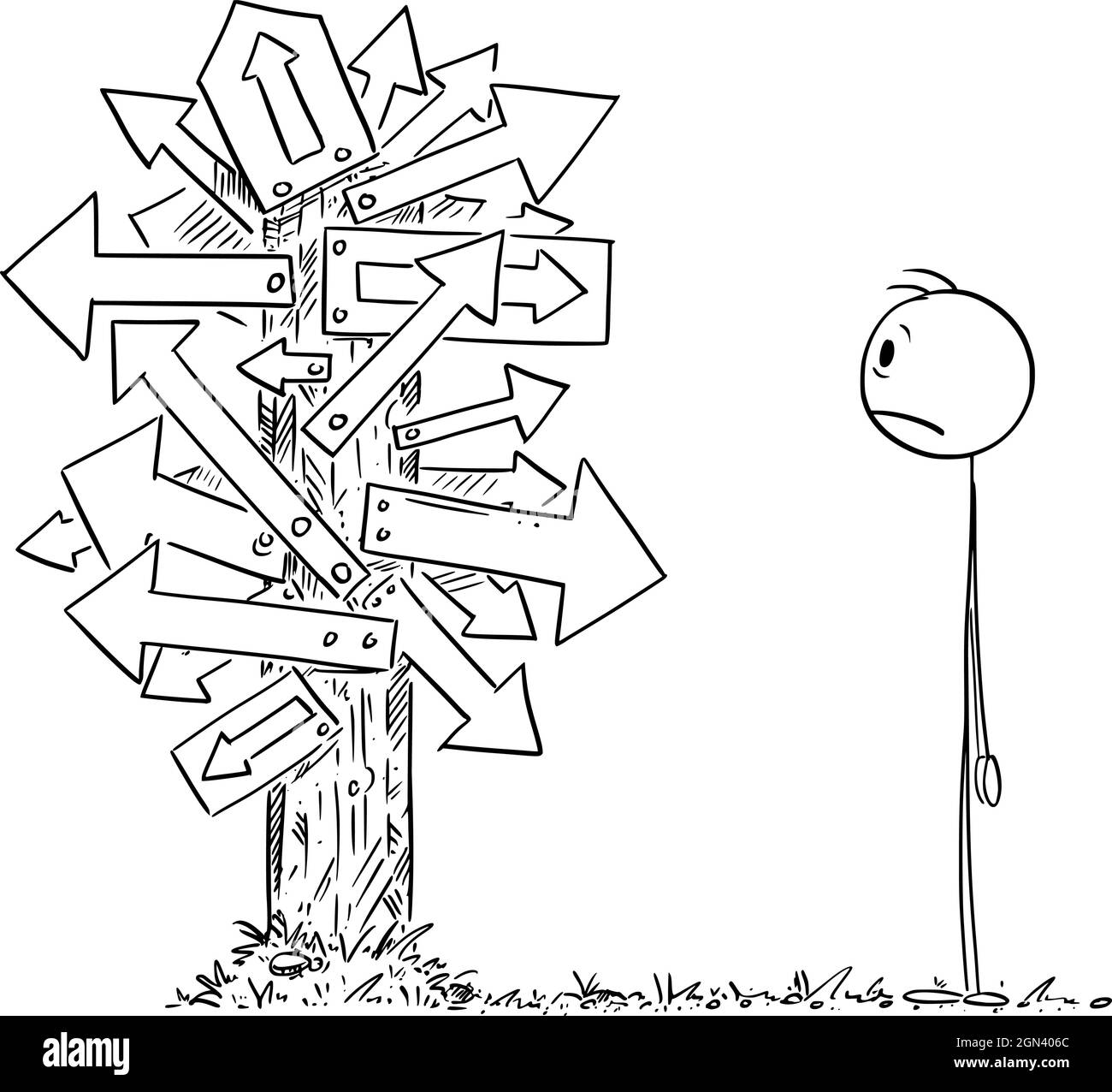 Personne ou homme d'affaires regardant porter à confusion Signpost avec  beaucoup de flèches, décider et choisir la bonne façon , Vector Cartoon  Illustration Image Vectorielle Stock - Alamy