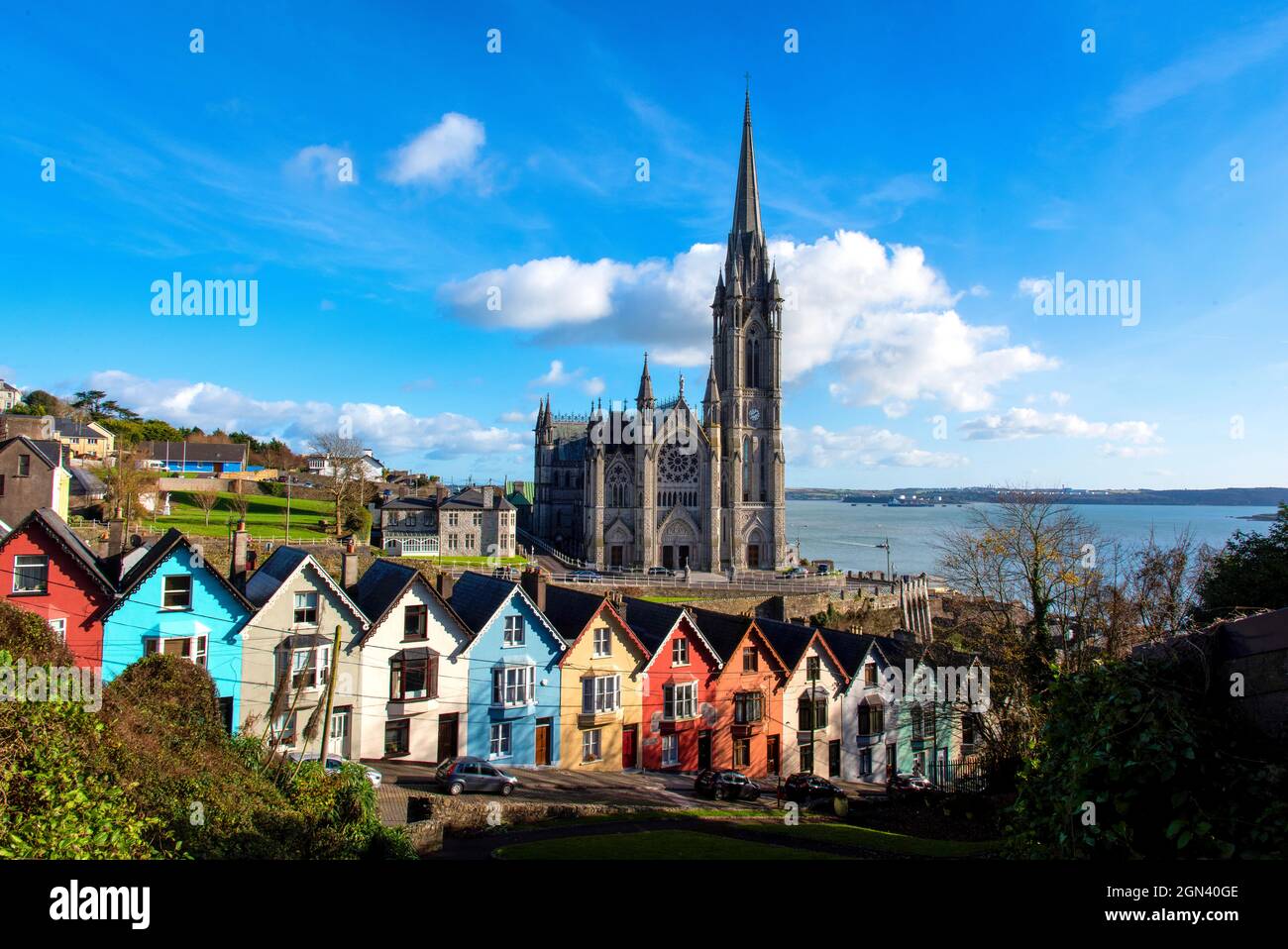 La cathédrale Saint-Coleman surplombe des maisons colorées de la ville de Cobh, comté de Cork, Irlande Banque D'Images