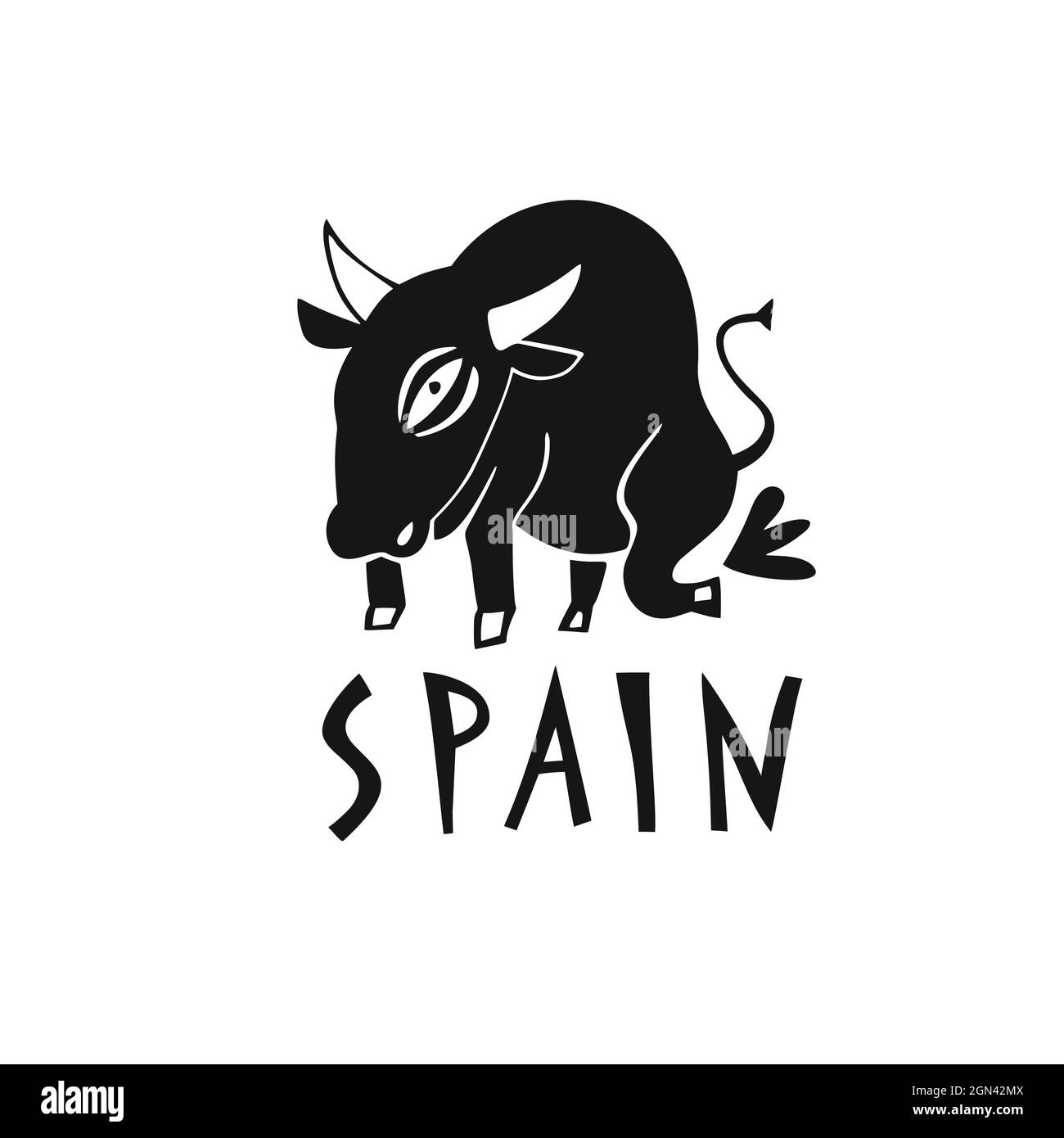 Symbole vectoriel dessiné à la main de l'Espagne. Illustration de voyage du taureau d'Espagne. Illustration avec lettrage dessiné à la main. Logo du site d'intérêt espagnol Illustration de Vecteur