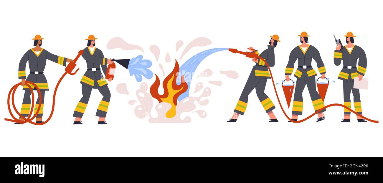 Les personnages de l'équipe de pompiers, les secours et les services d'urgence. Pompiers équipe d'urgence arroser le feu, lutte avec le vecteur d'illustration de feu. Brave Illustration de Vecteur