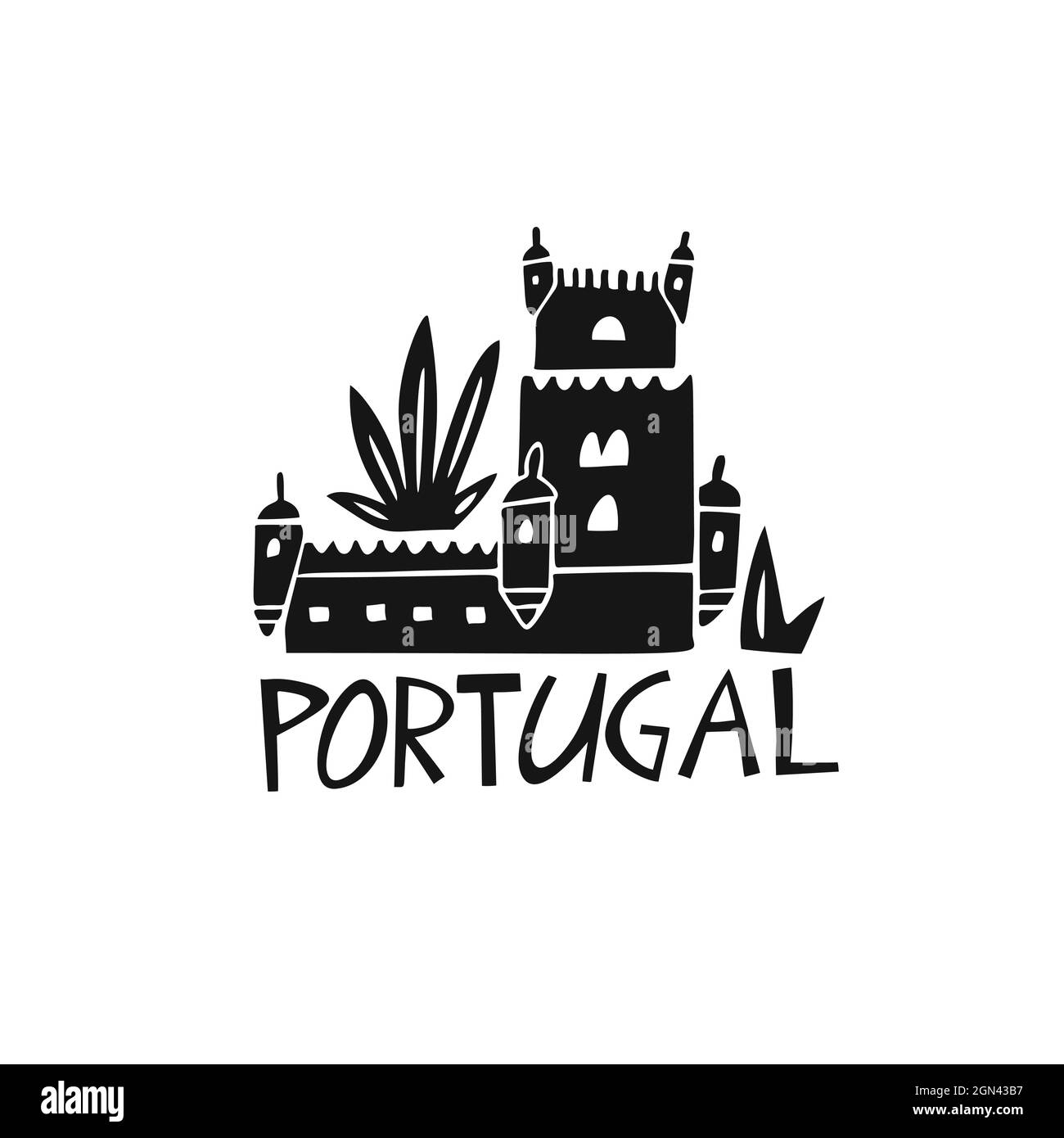 Symbole vectoriel dessiné à la main du Portugal. Illustration de voyage du château portugais. Illustration avec lettrage dessiné à la main. Logo du site touristique portugais Illustration de Vecteur