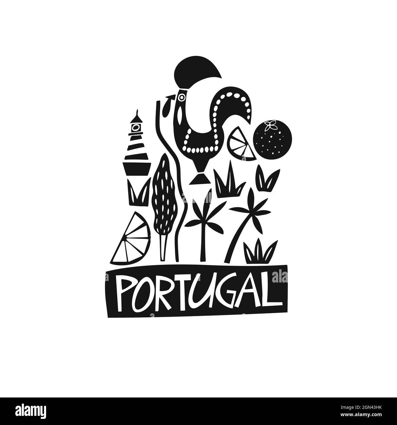 Symboles vectoriels dessinés à la main du Portugal. Illustration de voyage des panneaux portugais. Illustration avec lettrage dessiné à la main. Logo du site touristique portugais Illustration de Vecteur