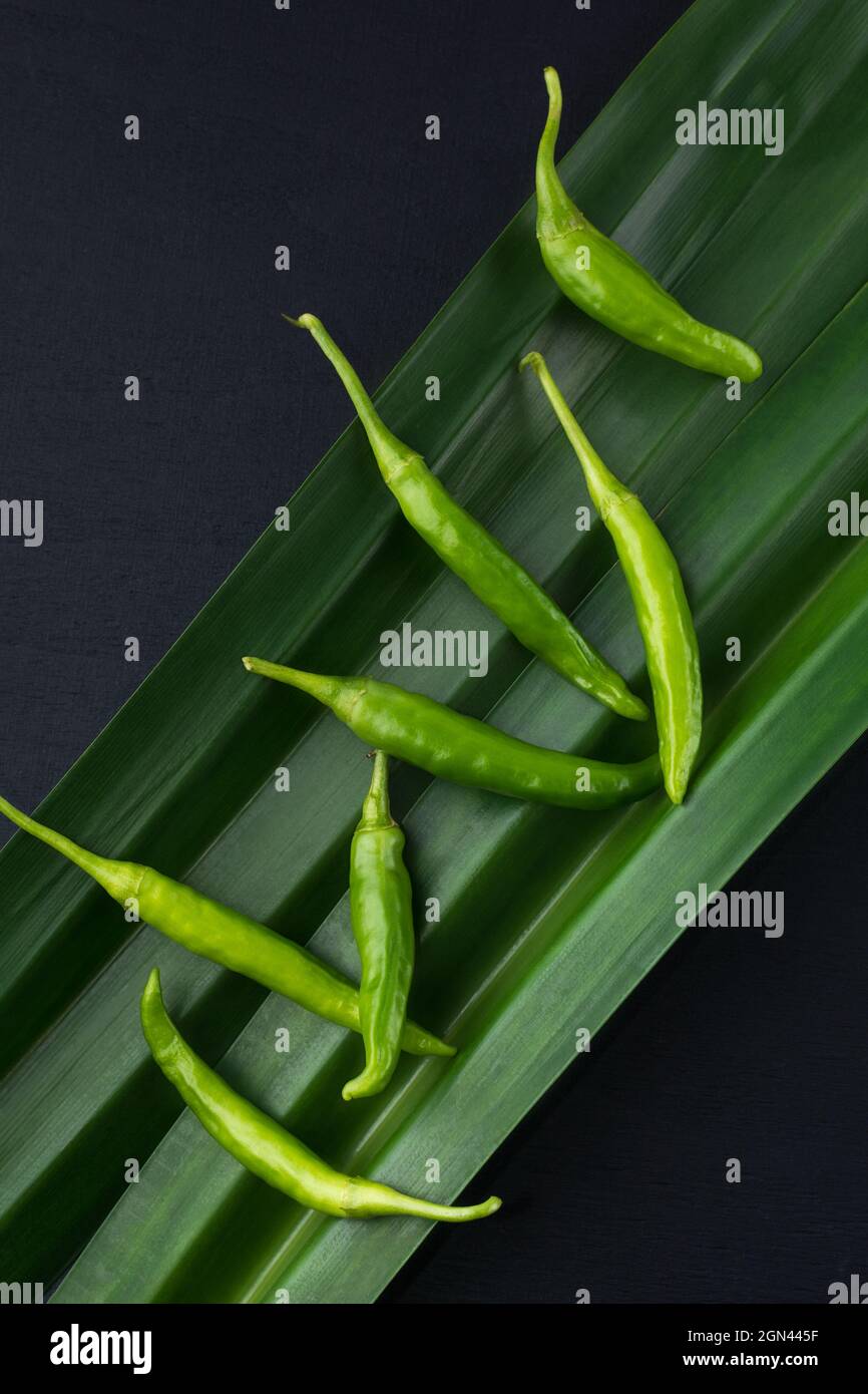 poivrons verts sur des feuilles de pandan parfumées fraîches, vue rapprochée prise d'en haut Banque D'Images
