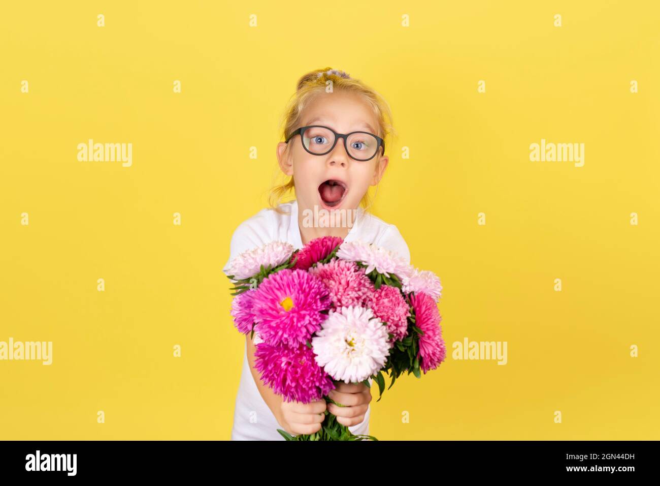 Enfant fille tenant un bouquet de belles fleurs d'aster rose et blanc isolées sur fond jaune. Concept international de la fête des mères. Banque D'Images