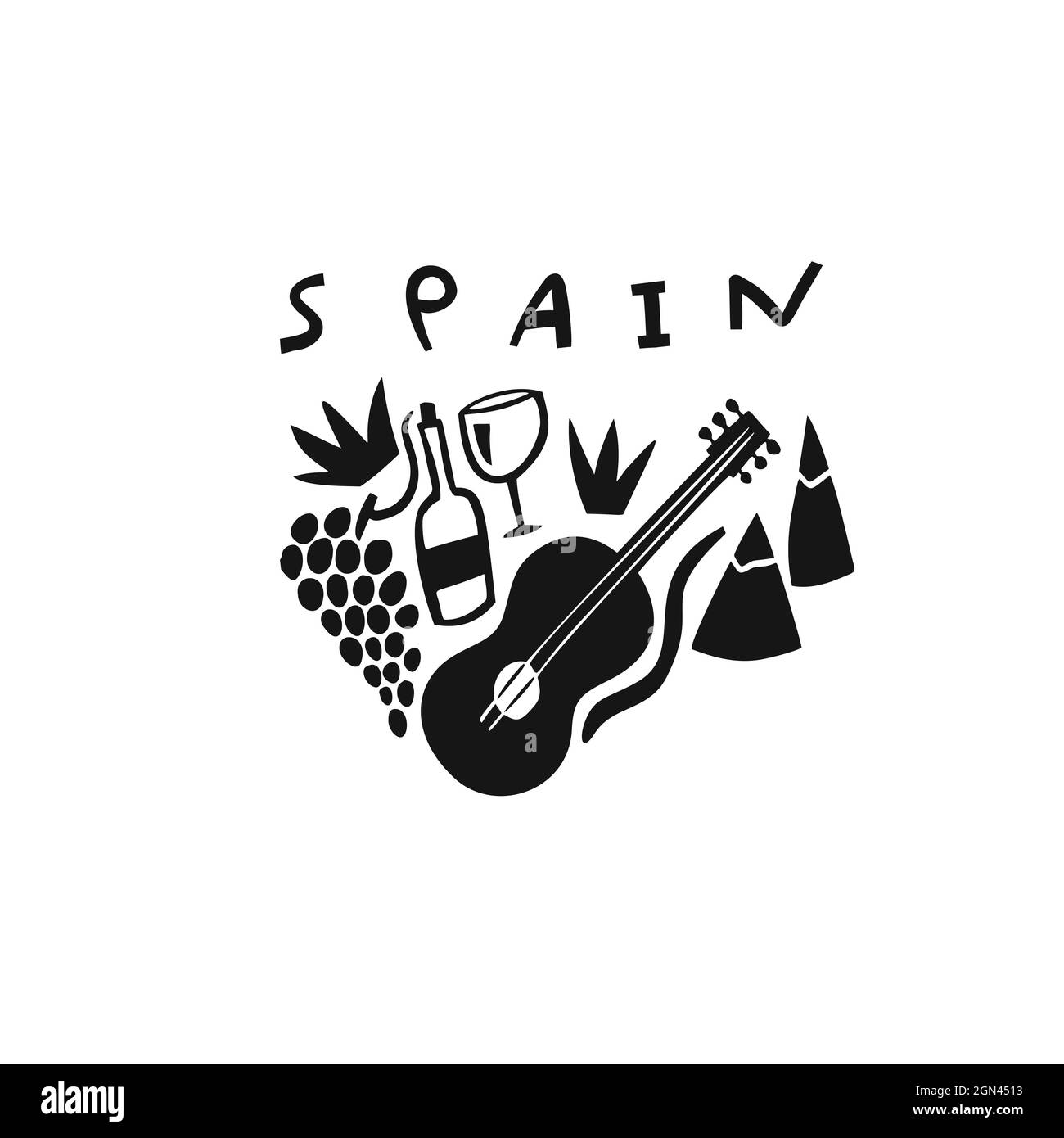 Symbole vectoriel dessiné à la main de l'Espagne. Illustration voyage des panneaux Espagne. Illustration avec lettrage dessiné à la main. Logo du site d'intérêt espagnol Illustration de Vecteur