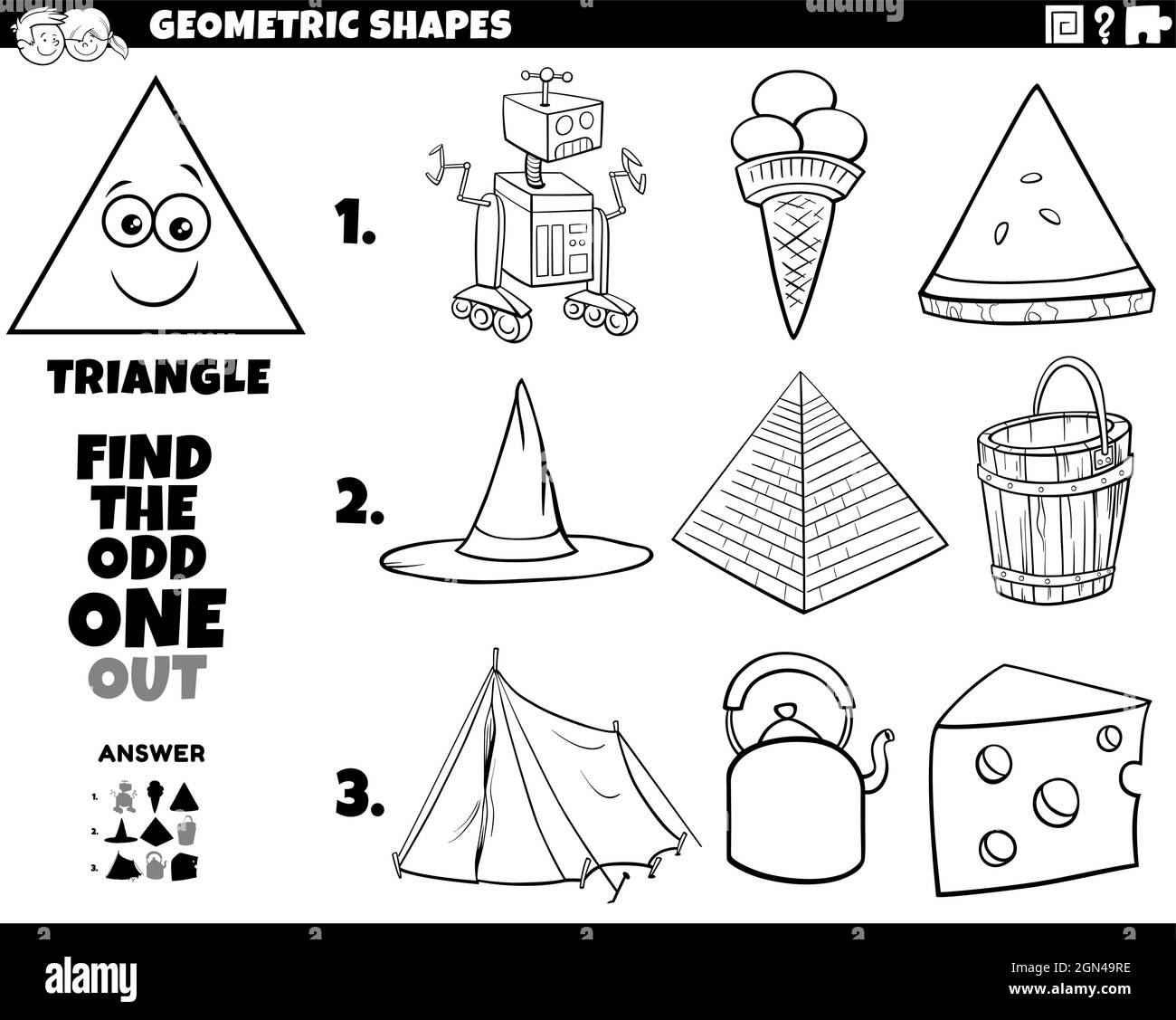 Dessin animé noir et blanc illustration de triangle géométrique objets tâche éducative pour enfants coloriage livre page Illustration de Vecteur