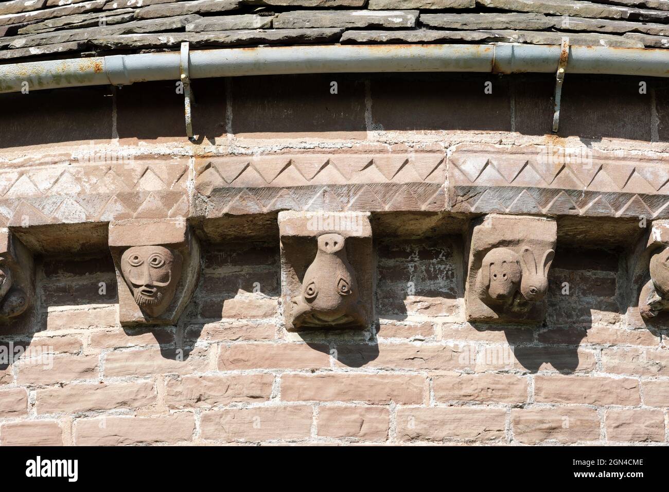 Kilpeck Herefordshire UK - détail des nombreux corbels en pierre qui ornent le bâtiment classé de catégorie 1 de l'église St Mary et St Davids Kilpeck Banque D'Images Kilpeck Herefordshire UK - détail des nombreux corbels en pierre qui ornent le bâtiment classé de catégorie 1 de l'église St Mary et St Davids Kilpeck Banque D'Images