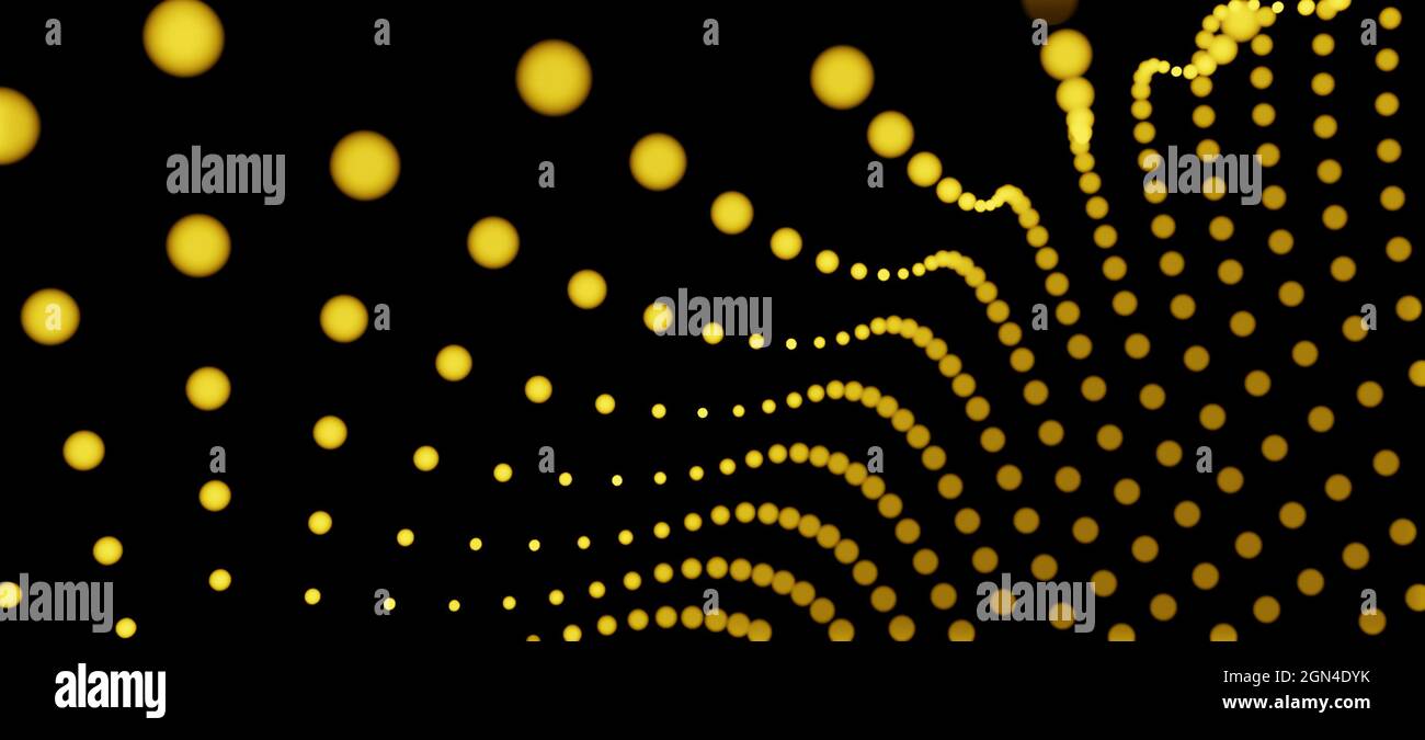 Arrière-plan abstrait avec des lignes de points ou de particules jaunes sous forme d'ondes sur fond noir Banque D'Images