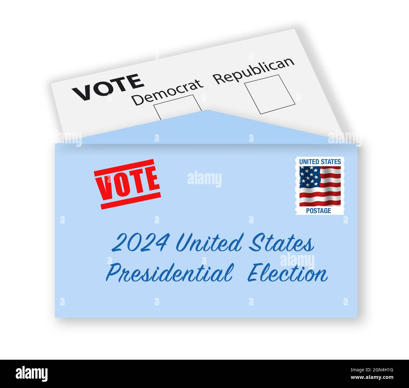 Concept de vote par lettre. Élection présidentielle américaine 2024. Enveloppe avec cachet, adresse et carte de vote avec cases à cocher du Democratic et du Repub Banque D'Images