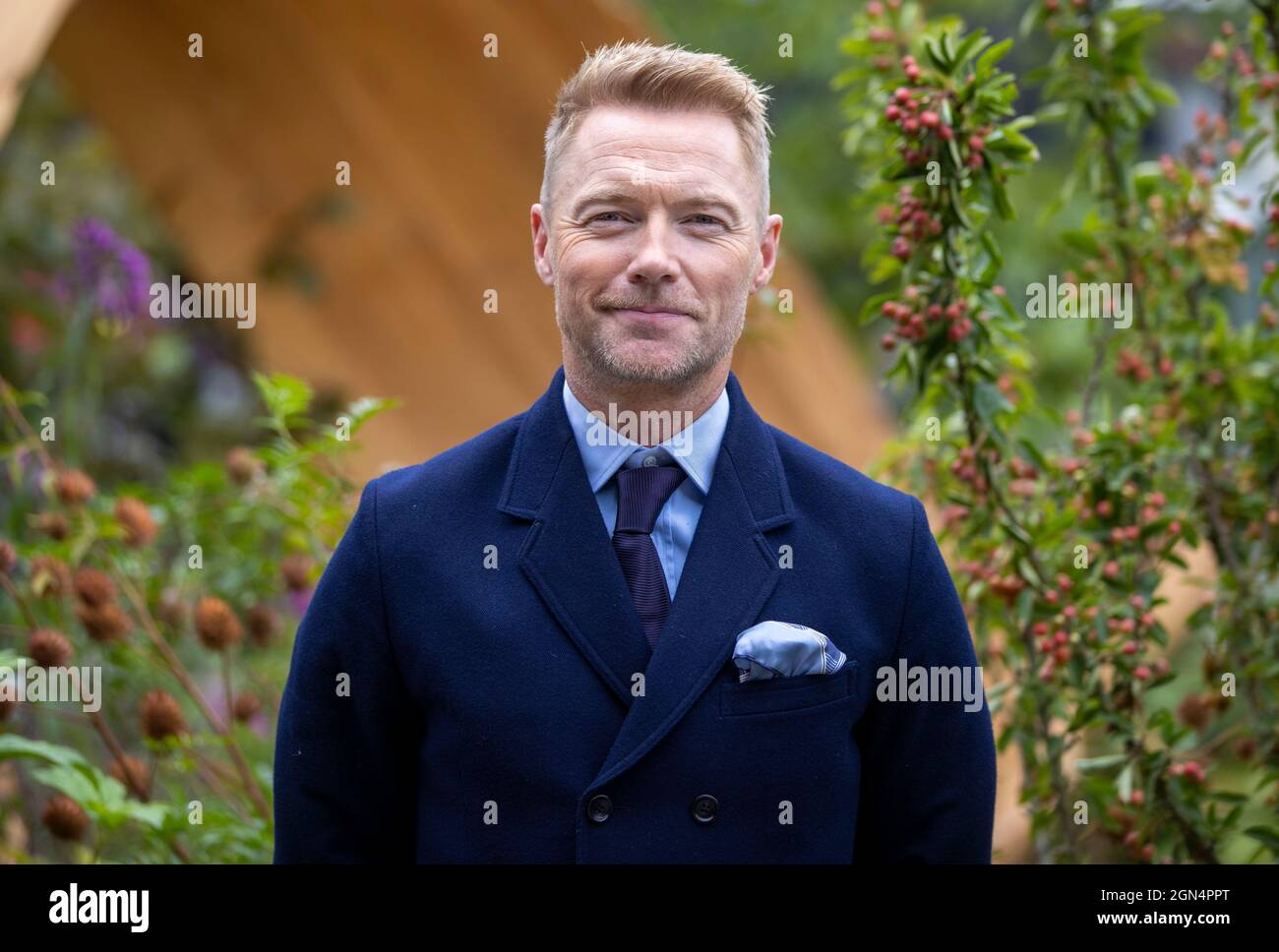 Ronan Keating, chanteur irlandais, auteur-compositeur et présentateur de télévision et de radio, qui organise actuellement un petit-déjeuner sur Magic radio au RHS Chelsea Flow. Banque D'Images